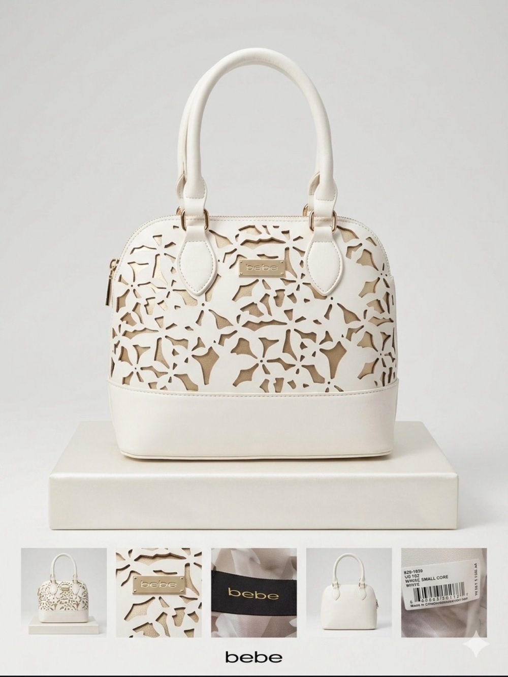 NWT Bebe Denise Small Dome Satchel – White & Gold Laser-Cut Floral